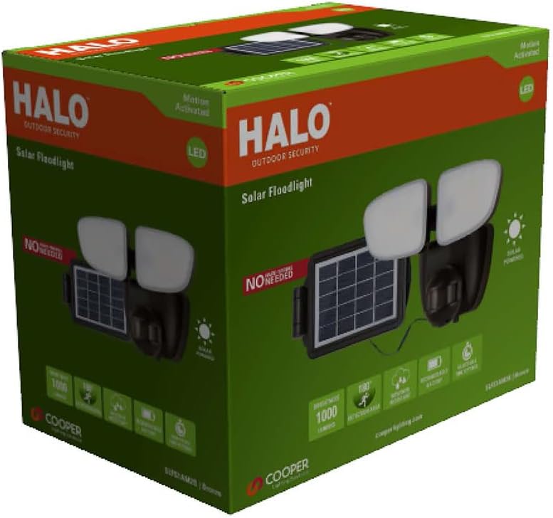 HALO Solar Outdoor LED Flood Light with 180 Degree Motion Sensor Flood & Security Twin Head Light 1000 Lumens Bronze