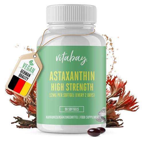 Vitabay Astaxanthin 12 mg 90 Vegan softgels with astaxanthin from Haematococcus pluvialis microalgae and Flaxseed Oil Laboratory Tested in Germany