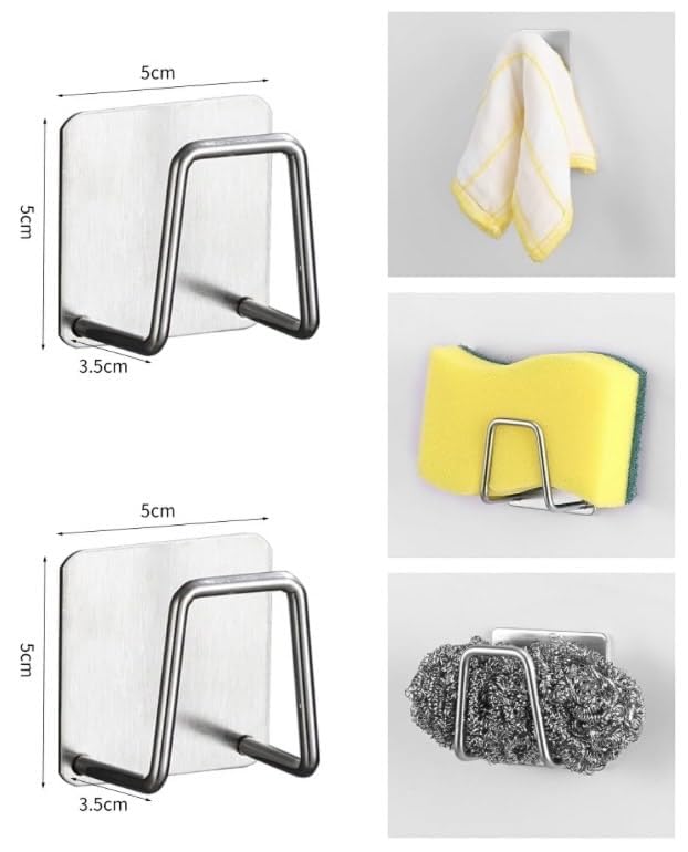Aezta 2 Pcs Adhesive Sponge Holder for Kitchen Sink, Stainless Steel Scrubber and Brush Hanger Caddy Accessories Storage Rack Stand, Rustproof Sponge Rack for Scrubber & Brush, Kitchen Accessories