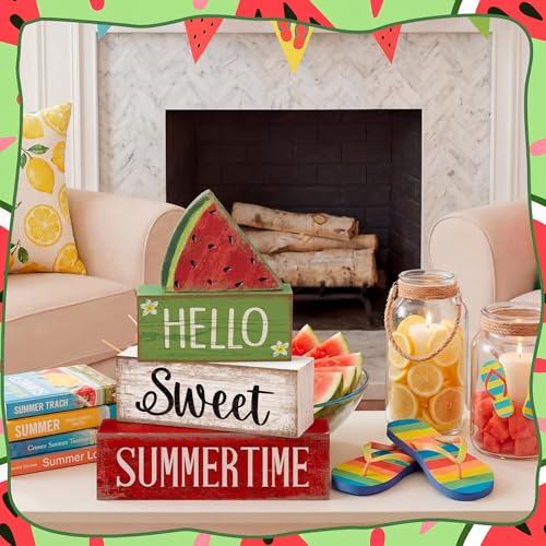 Image of Moucuny 4 Pcs Summer Wooden Table Decor Watermelon Tiered Tray Decor Farmhouse Table Decoration Hello Sweet Watermelon Book Block Summer Decoration for Home Office Kitchen Mantel Shelf