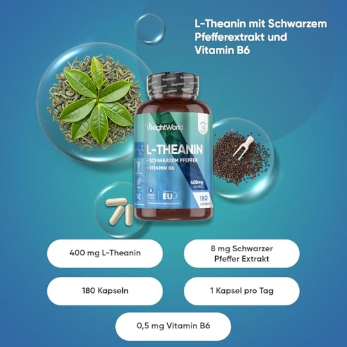 L Theanin, 408 mg je Kapseln - 180 Vegane Kapseln - 6 Monate Vorrat - Mit Schwarzer Pfeffer Extrakt & Vitamin B6 - L-Theanine aus Camellia Sinensis - Täglich 1 pro Tag - Glutenfrei - WeightWorld