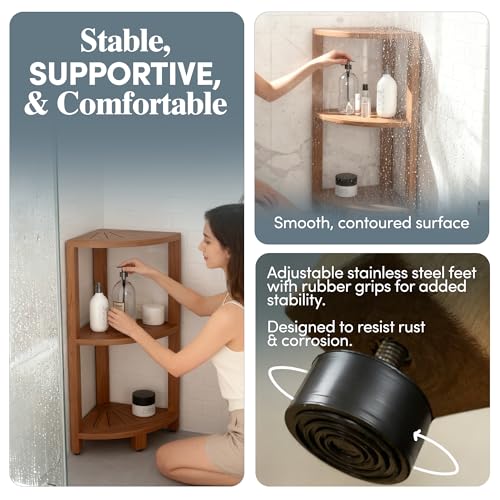 Image of AquaTeak Kai-Petite 12 inch Teak Corner Shelf Stand, 3 Tier Shower Stand
