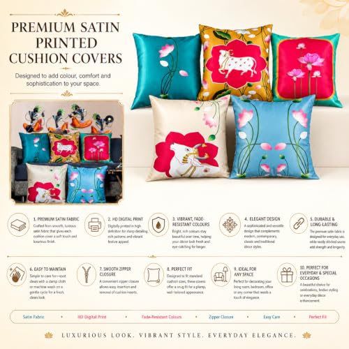 Image of Decorative Satin Sofa Cushion Covers Set of 5, 18 Inch x 18 inch, Sofa Pillow Cover, Ethnic Festive Cow Pichwai, Multicolor, Rajasthani Design, Zipper Closure (Lotus Cow, 18x18 Inches)