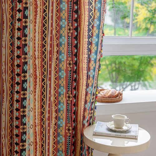 Image of Boho Curtains Geometric Light Filtering Semi-Blackout Window Curtains 54 Inches Long Rod Pocket Drapes for Living Room 2 Panels-Vintage Red