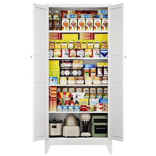 Letaya 75' H Metal Storage Cabinet with 2 Doors and 4 Shelves,Tall Kitchen Pantry Cabinets,Farmhouse Utility Pantry Organizers for Cupboard/Dining/Bathroom/Home Office/Garage Room,White