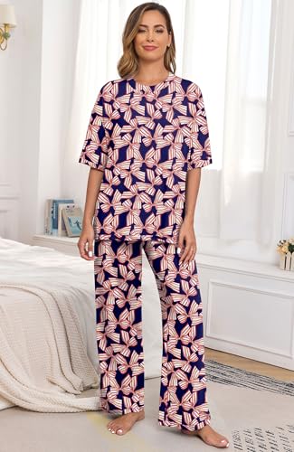 Image of PrinStory Womens Pajamas Sets 2 Piece Lounge Set Short Sleeve Tops and Long Pants Soft Pjs Loungewear with Pockets