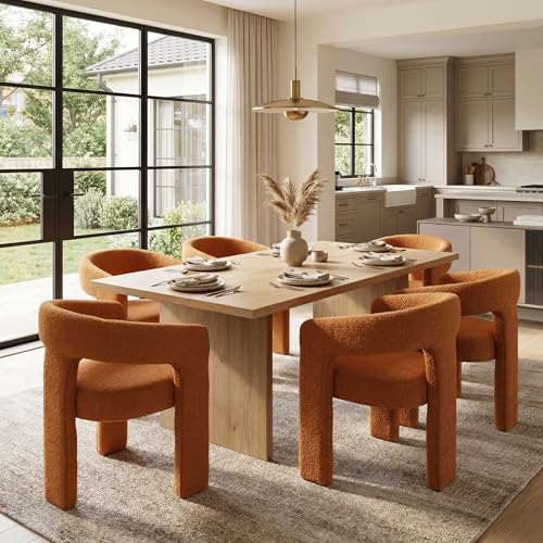 Image of HNY Modern Barrel Kitchen & Dining Room Chairs Set of 6, Sherpa Upholstered Accent Chairs with Arm, 18.5'' Wide Side Armchairs Vanity Chairs for Living Room Bedroom Makeup Small Spaces, Orange