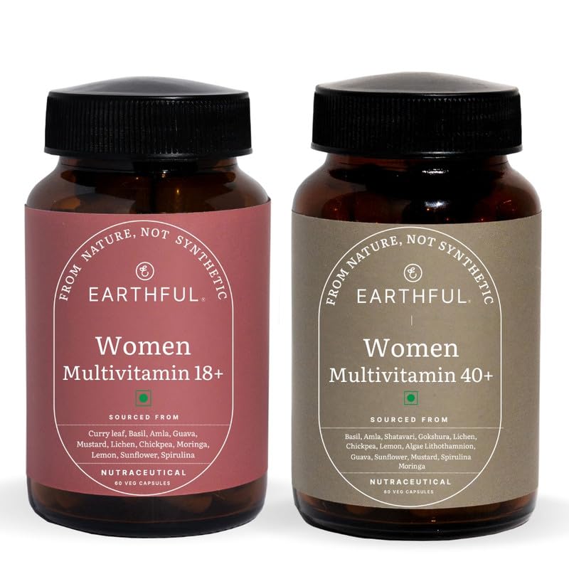 [BRSREYL7BB6G2HQV] Earthful Women's Wellness Combo | Multivitamin Women 40+ & Multivitamin Women 18+ | 100% Natural, Non-Synthetic | With Biotin, Zinc, Vitamin C, D3, K2 for Immunity, Hair, Skin & Bones
