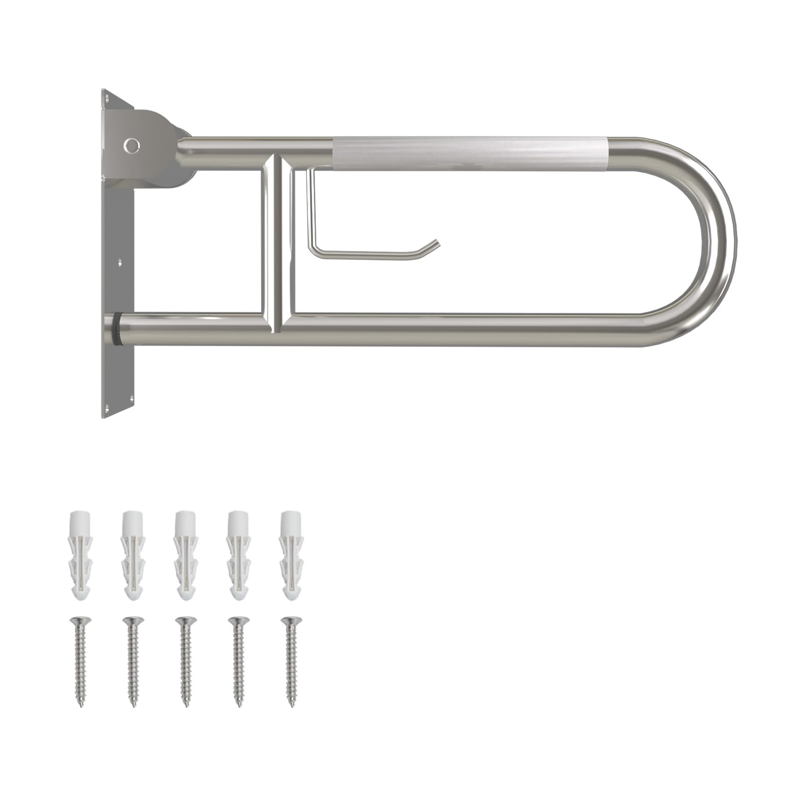 23 Inch Toilet Grab Bar, Flip Up Grab Bar with Paper Holder, Anti-Slip Safety Bars for Toilet, Stainless Steel Knurled Toilet Handles for Seniors Disabled Elderly Pregnant, Brushed Nickel