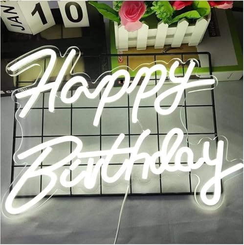 Décoration de fête au néon blanc avec message Joyeux Anniversaire coloré