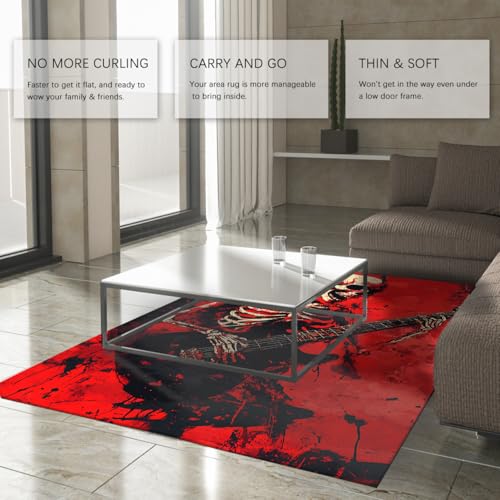 Tapis à poils ras grand 140x200cm motif squelette rouge en courte peluche