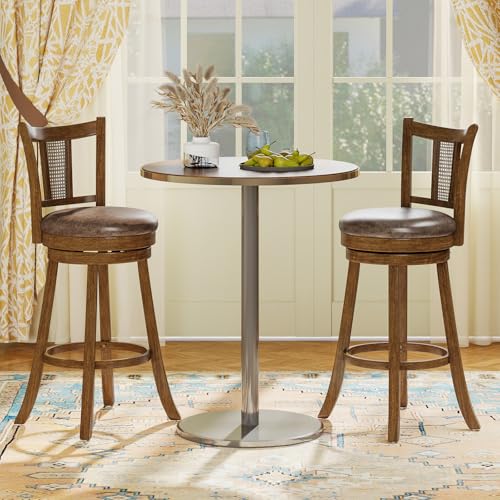 COSTWAY Butaco Silla de Barra Set de 4, Madera Maciza de Caucho con Asiento Giratorio y Tapizado en Cuero Sintético, Respaldo Curvado de PE Rattan, Marrón, Altura de Asiento 30” miniatura 4