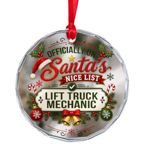 Santa's Nice List Lift Truck Mechanic Christmas Glass Circle Ornament