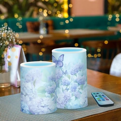 Image of ALAZA Blue Hydrangea Flowers with Butterflies Flickering Flameless Candles Battery Operated with Remote Timer,Tea Light Candles LED Pillar Votive Candles Set of 2 for Outdoor Indoor Decorations