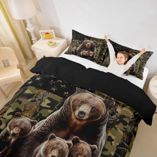 Housse de couette 200x200 camouflage vert drapeau américain ours