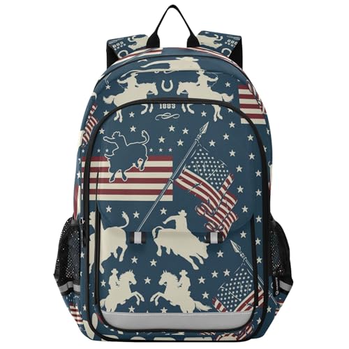 Cowboys Riding Bulls Horse Riders American Usa Flags Backpack School Bag Lightweight Laptop Notebook Tablet Backpack Students Travel Bookbag with Reflective Stripes