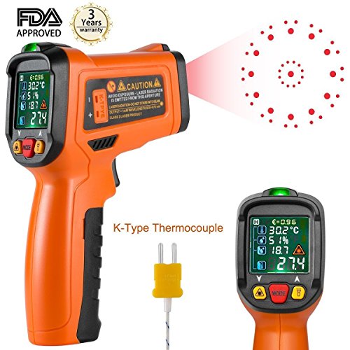 Termómetro por infrarrojos sin contacto / Termómetro digital / Láser de -50 °C a ~800 °C, con apertura de 12 puntos, función alarma...