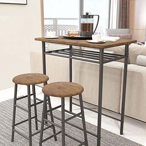 WeeHom Bar Table with 2 Bar Stools, Pub Dining Height Table Set, Kitchen Counter with Bar Chairs,Bistro Table Sets for Kitchen Living Room, Built in Storage Layer, Easy Assemble