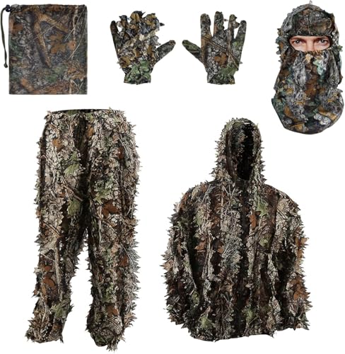 Zicac Outdoor Camo Ghillie Suit 3D Leafy Camouflage Clothing Jungle Woodland Hunting for Kids & Adults (Dark Green, Height 4.9-5.9 ft)
