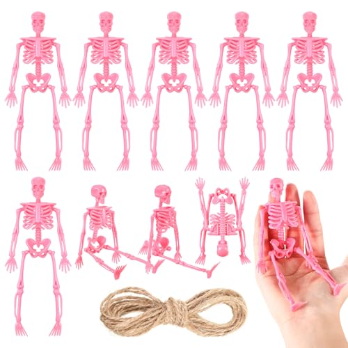Jetec Halloween Mini Skeleton Pink Decor with Jute Rope 6 Inch Small Skeletons Plastic Skeleton Decorations for Craft Accessories Party Favors(6 Pcs)