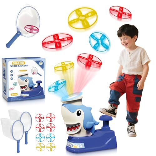 TAIZER Juegos Exterior Niños, Juguetes de Exterior para Niños de 3 a 10 Años, Juegos Jardin, Juguetes Lanzadiscos Voladores, Bonita Forma de Tiburón, Regalo para Niños