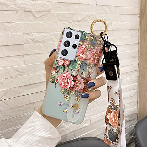 SUVATA Funda de Silicona Suave para Samsung S20 FE S21 Ultra Note 20 Flores Cuello Cordón Muñequera Funda para Samsung S10 Note 10 Plus, 9, para Samsung S8