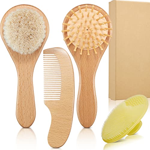 Image of 5 Pieces Baby Brush and Comb Set with Storage Box Wooden Baby Hair Brush Baby Comb for Newborns Infant Toddlers Registry for Baby