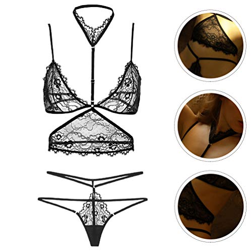 ARTIBETTER Conjunto de Lingerie Sexy de Cinta Suspensórios Sexy Lingerie Renda Preta Teddy Lace Baby
