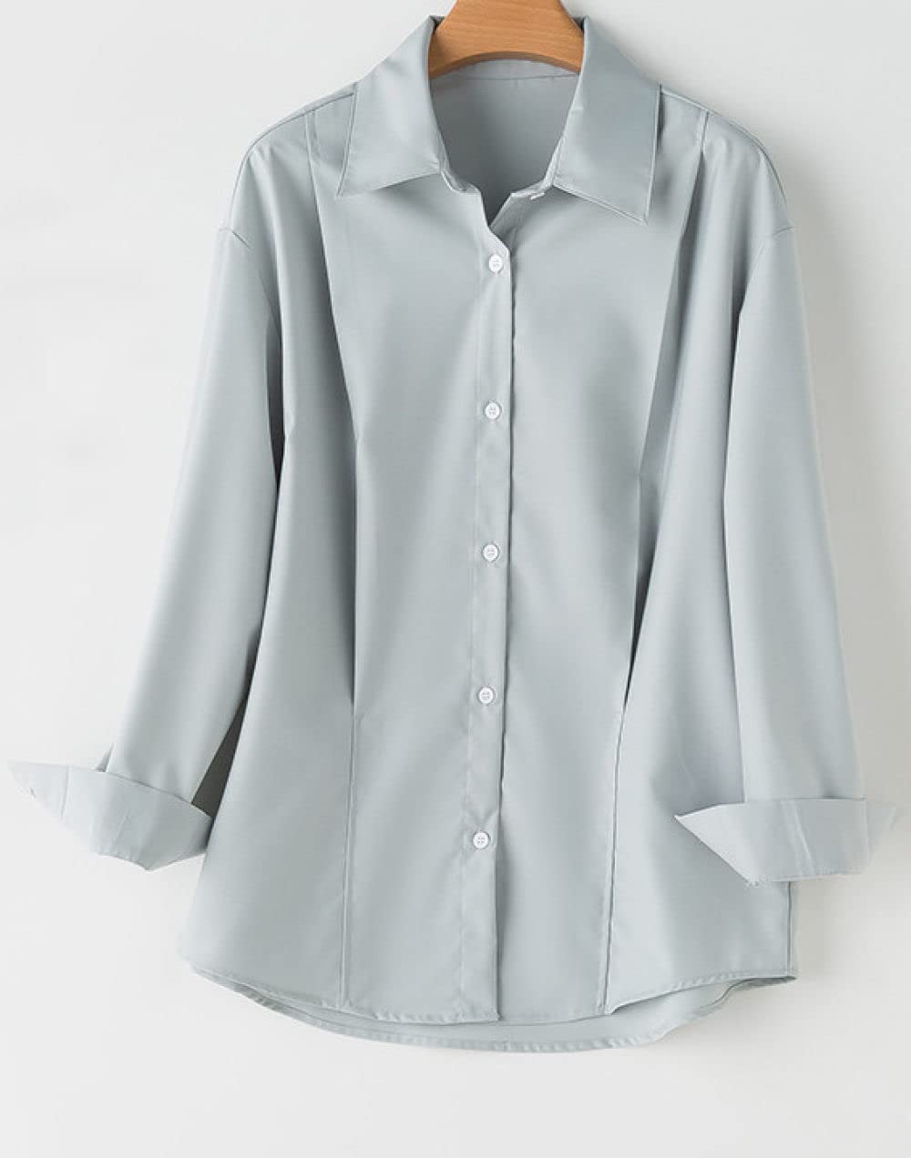 MIDJ Elegantes Lässiges Langarm-Top,Damen Front Falte Elegantes Revers Oberteile Shirt Blau Satin Tunika Shirt Langarm Chiffon Bluse Shirt Casual Büro Business Bluse Für Mädchen Damen