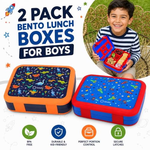 Image of kinsho Bento Lunch Boxes for Boys Toddlers, 5 Portion Sections Secure Lid, Snack Container, Microwave Safe BPA Free Removable Plastic Tray, Pre-School Kid Daycare Lunches, 2 Pack Dinosaur + Rocket