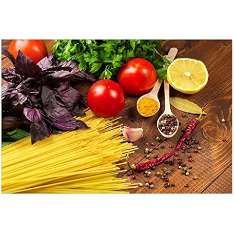 Wallario Glasbild Italienisches Menü mit Spaghetti, Tomaten, Basilikum und Gewürzen - 60 x 90 cm Wandbilder Glas in Premium-Qualität Cover