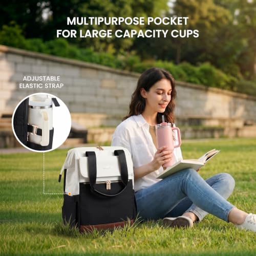 Image of LOVEVOOK Laptop Backpack for Women with Giant Tumbler Holder, 15.6 Inch Work Laptop Bag with USB Port, Fashion Teacher Nurse Backpack Purse, Waterproof Travel Computer Backpack, 2PCS, Beige - Black