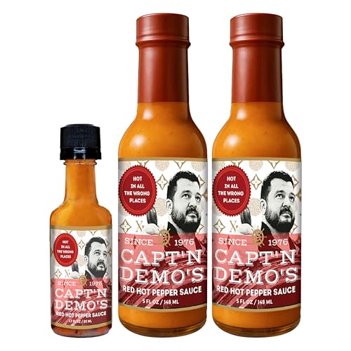 Image of CAPTAIN DEMO's DOUBLE TRUFFLE Red Hot Pepper Sauce - Two Bottle Pack with BONUS Travel Bottle, Gourmet Hot Sauce With Black AND White Truffles, Perfect Level of Garlic-ky, Hot Honey Heat
