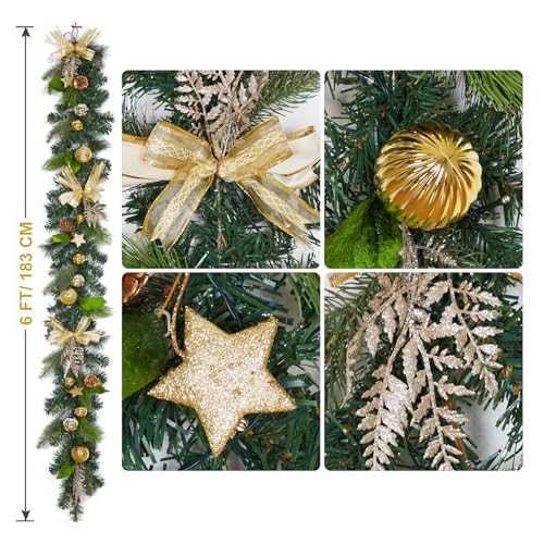 Prelit Christmas Garland, 6 Ft Battery Operated, Waterproof, Lighted for Mantle, Stairs, Table - Gold