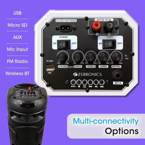 Image of Zebronics 450 Moving Monster DJ Trolley speaker with 48W RMS, Bluetooth 5.0, Wireless mic, Karaoke, TWS function, LED lights, Dual 8 inch Full range, 10.5H backup & Built-in rechargeable Battery