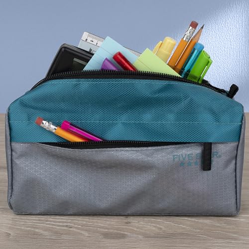 Image of Five Star Pencil Pouch 9-Pocket Zipper Storage Organizer Case for Office Supplies Earbuds Chargers Cables Makeup, Grey /Teal (505600D)