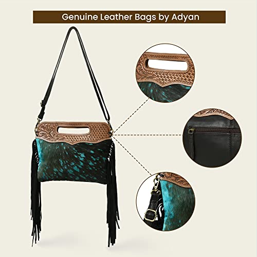 Genuine Leather Fringe Crossbody Bag - Handcrafted Western Tooled Leather Purse with Handle and Turquoise Design for Women2