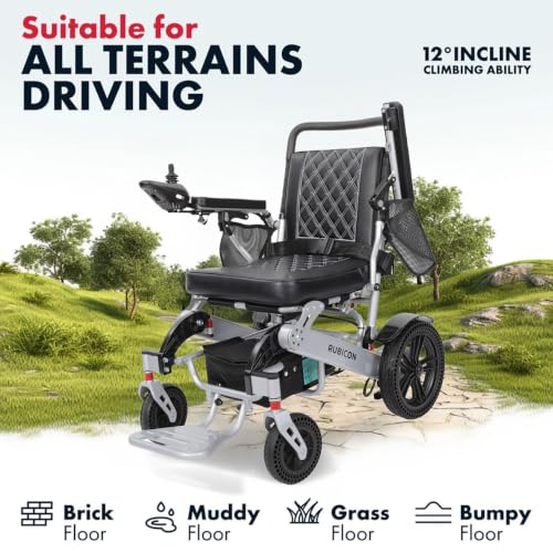 Image of Rubicon DX14 - Longest Range 30 Miles, Airline Approved Electric Wheelchair, Dual 12AH Lithium Batteries, 2x300W Motors, Leather Cushion, Foldable, Lightweight & Powerful (Silver)