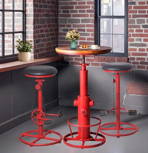 Topower 3 Piece Pub bar Set Retro Round bar Table and Bicycle Chain Design Stools for 2 Height Adjustable Pub Table and stools Match bar Height and Counter Barstool Antique Red(1 Table + 2 Chairs)