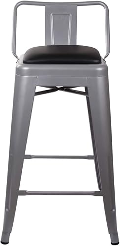 Vista 126 de GIA Taburete de metal con respaldo bajo de altura de mostrador de 24 pulgadas con asiento de cuero vegano, color plateado