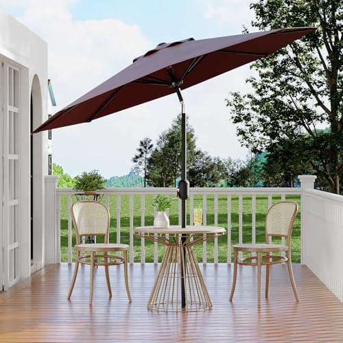 9Ft Patio Umbrella - 8 Sturdy Ribs Outdoor Table Umbrella with Crank Lift & Push Button Tilt - Market Umbrella for Pool, Deck, Yard, Garden - Dark Red