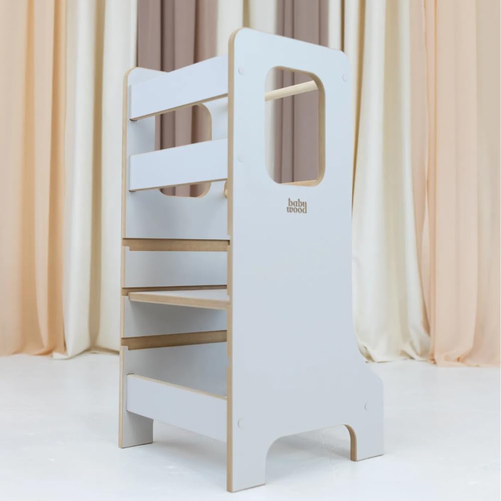 Babywood Lernturm Slim – höhenverstellbarer Küchenhelfer für Kinder, Stehpodest & Trittstufe, 85×40×41 cm, sicher & stabil, MDF, Farbe Kaschmir