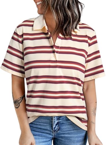 Dokotoo Polo Shirts For Women Cute V Neck Summer Tops Trendy Lightweight Casual Turn Down Collared Striped T Shirt Stylish Business Short Sleeve Loose Fit Button Up Pullover Blouses Red M cover