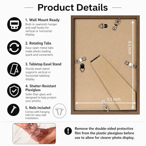 Image of JCJMY 5.5x8.5 Picture Frame Brown for Wall Hanging or Tabletop, Wall Mounting Horizontally or Vertically, 5.5 x 8.5 Wall Gallery Poster Photo Frame with Shatter Resistant Plexiglass, Brown