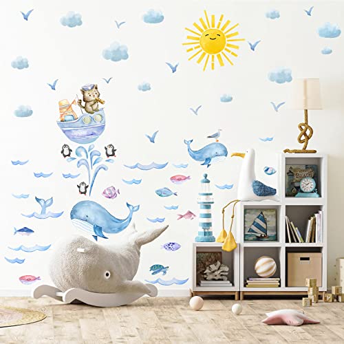 Watercolor Sun Wall Decals Sun Cloud Wall Stickers Ocean Wave Wall Decals Fabric Turtle Whale Sea Fish Wall Stickers Ocean Animal Wall Stickers For Nursery Kids Room Decor #TOP1