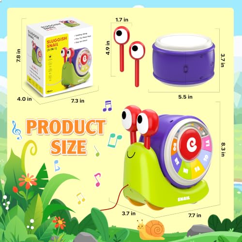 Ciesa 3 in 1 Musical Toddler Toys for 1-3 Year Old, Pull Along Snail Toy with Baby Piano and Light Up Drum Set, Early Learning Developmental Toys, Sensory Baby Toys and Birthday Gifts for Toddlers - image 7
