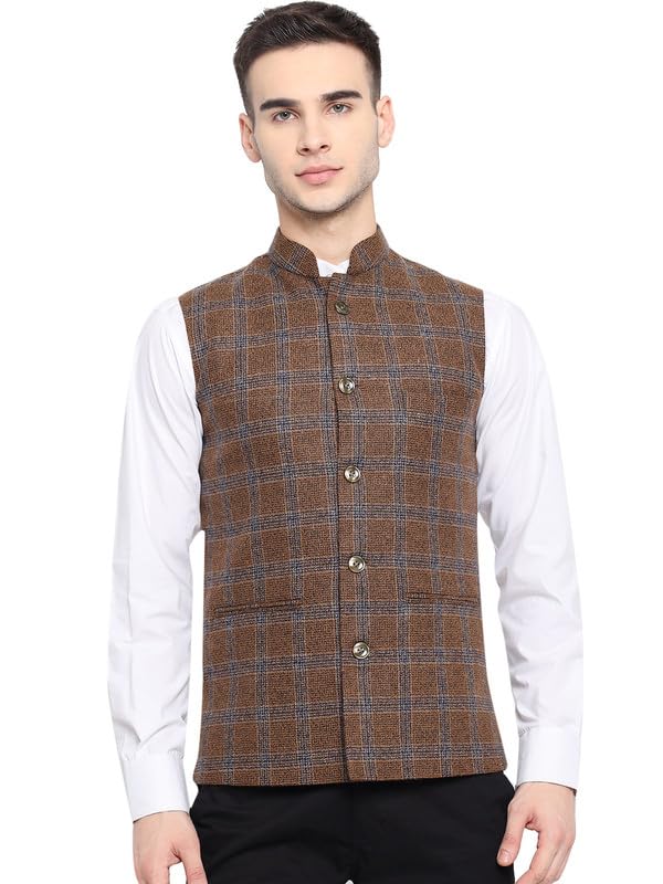 Image of Vastraa Fusion Men's Blue & Grey Chequered Woolen Blended Festive Nehru Jacket /Waistcoat