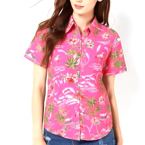Hawaiihemd Damen von SSLR – Kurzarm Bluse mit Flamingo-Motiv