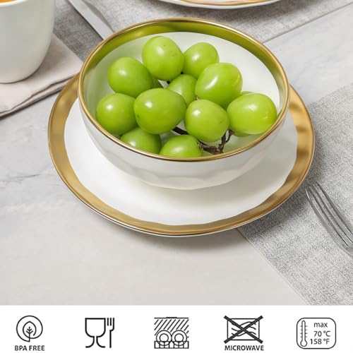 Image of vicrays Ceramic Salad Bowls Set for Kitchen, Serving - 24 Ounce Soup Bowls, Pasta Bowls, Chip Resistant, Dishwasher Safe, NOT Microwave Safe, Fluted, Stoneware, Set of 6 (White with Golden)