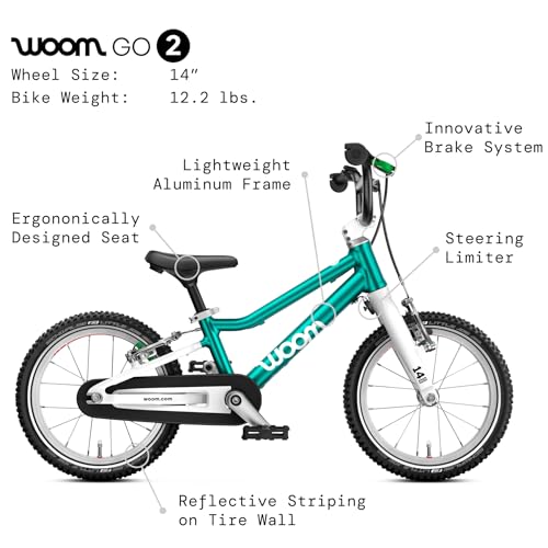 Image of woom GO 2 Bicycle for Children 3 to 4.5 Years Old, 14-Inch Lightweight Bike with Handbrake, Steering Limiter & Chainguard for Boys & Girls
